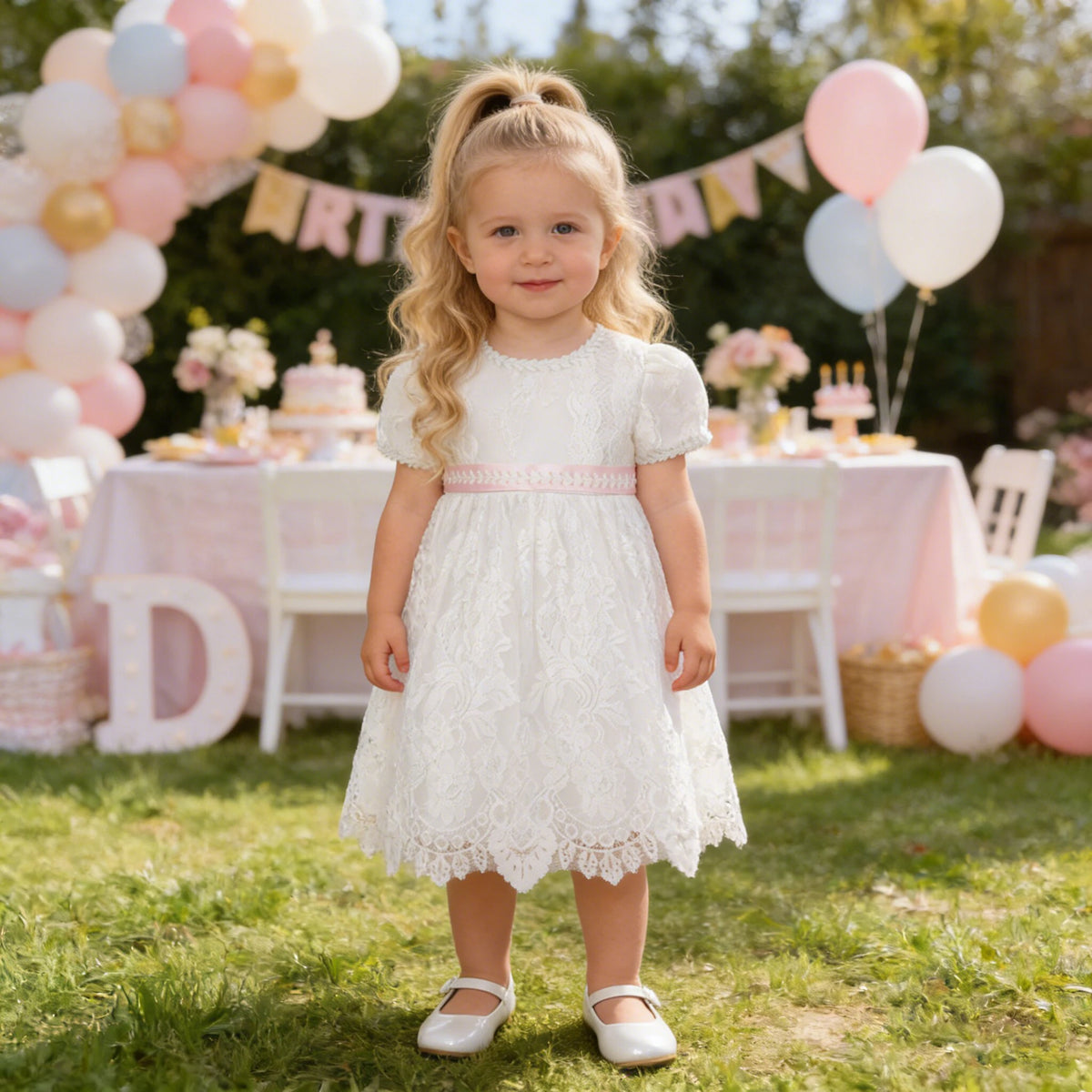 Toddler girl in knee-length white lace baptism dress with pink waist sash, embroidered short sleeves, round neckline