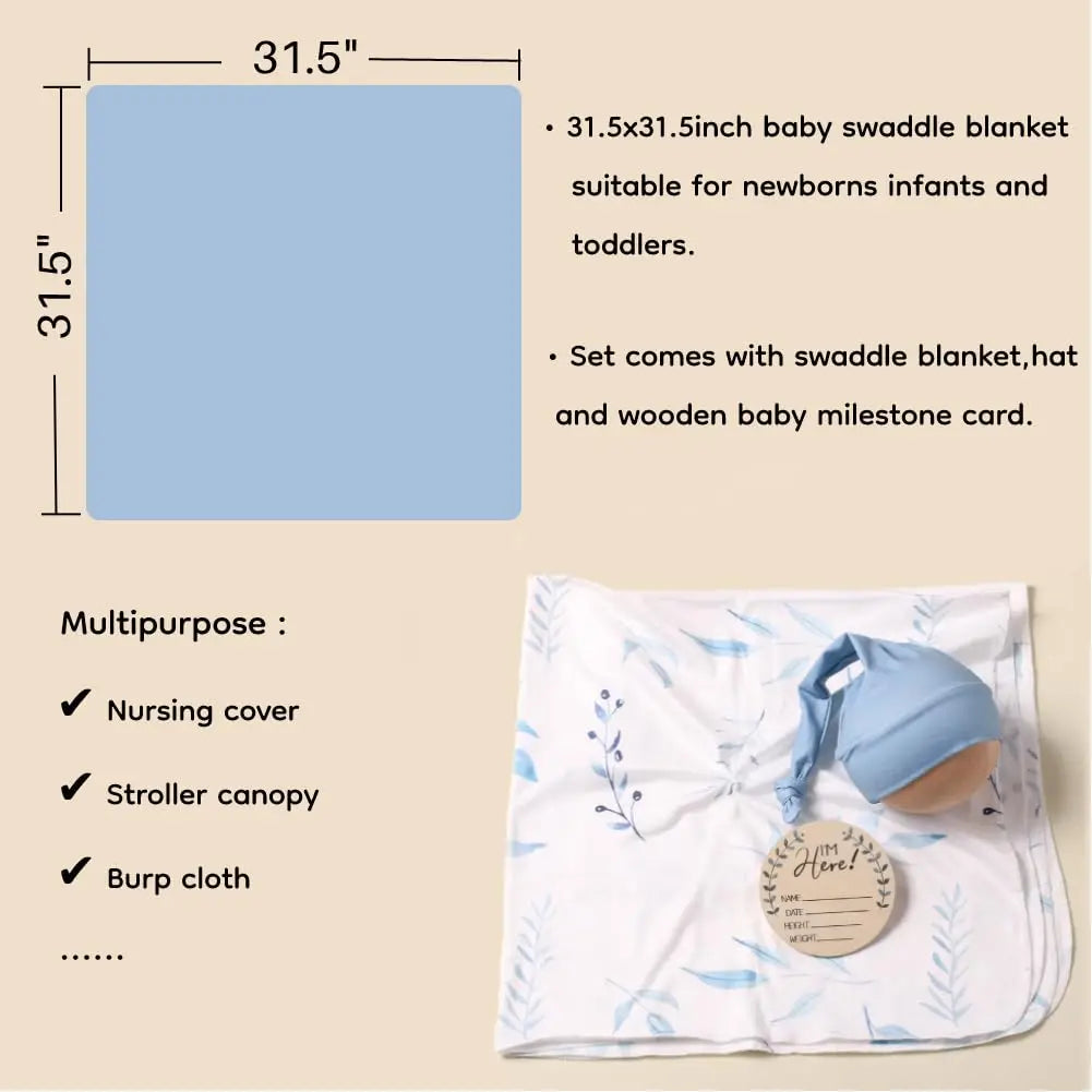 White leaf-print baby swaddle blanket with blue matching hat and milestone card. 31.5-inch receiving blanket for newborns, nursing, or stroller.