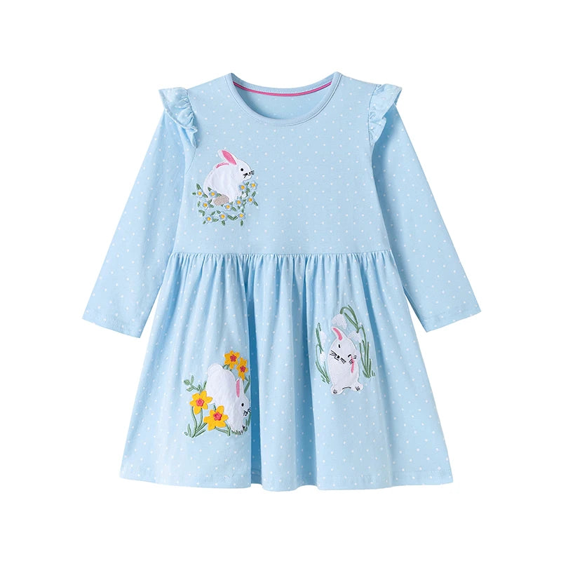 Front view of the Bunny Honey Little Girls Flutter A-Line Dress featuring a light blue color, polka dots, and cute bunny embroidery.