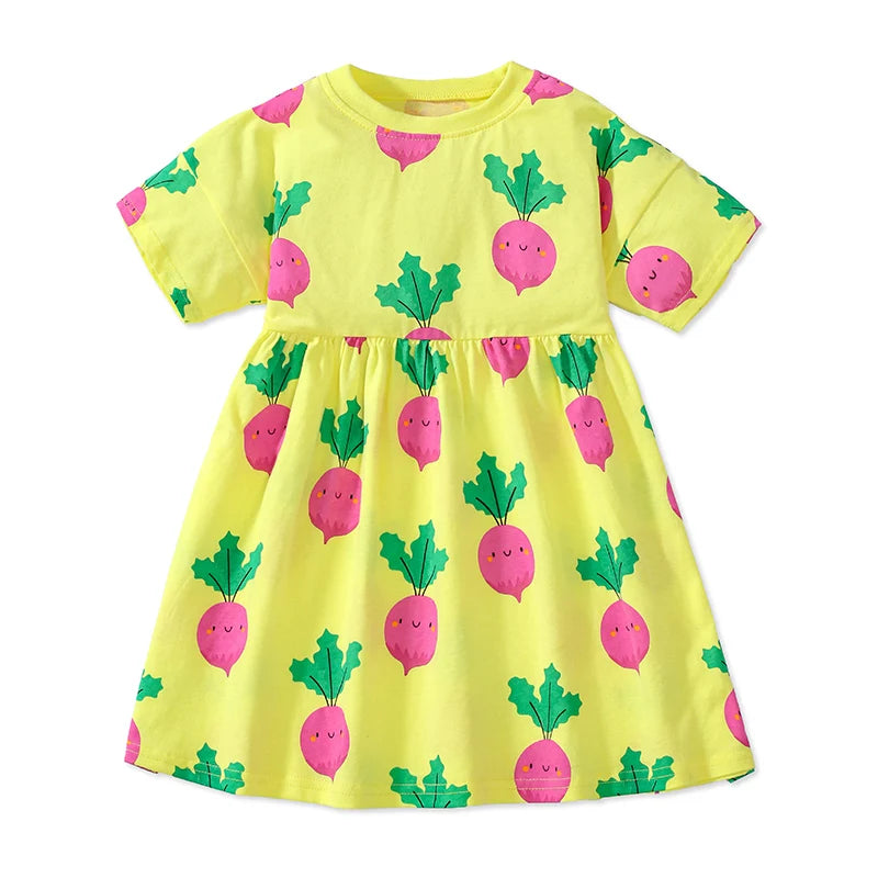 Little Cutie fun print dress for girls featuring a sunny yellow color with vibrant pink radishes, perfect for playful occasions.