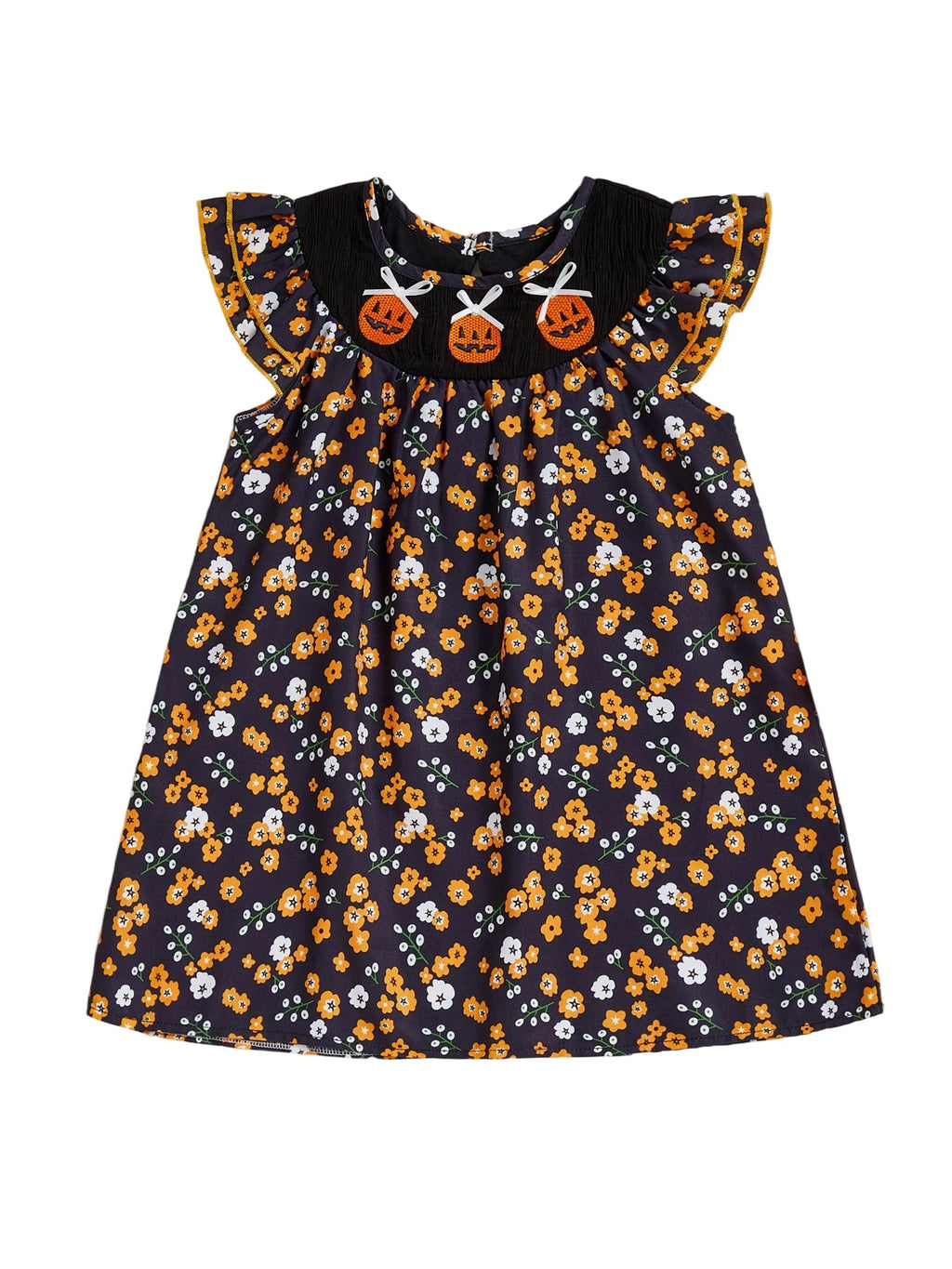 Pumpkins and Bows Fall Dress for Little Girls displayed on a white background, featuring a black background with vibrant orange floral prints and embroidered pumpkins.