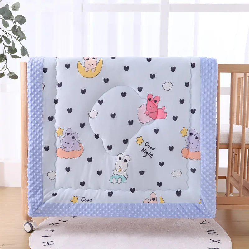 Winter muslin quilt for children, 95x95cm, square light blue with cute animals; two-sided with raised dots.