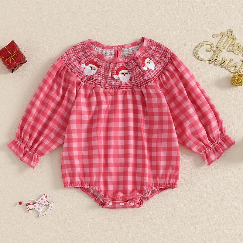 Holiday Cuteness Smocked Baby Bubbles - 10 Styles featuring a pink gingham baby romper with Santa motif on the smocked front, ideal for festive occasions.