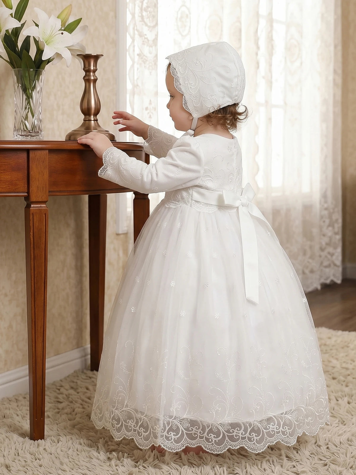 Aurelia Baby Girls White Long-Sleeve Tulle Special Gown