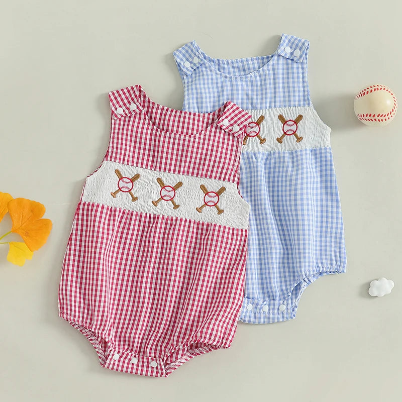 Display of two "Ball Four" checked bubble rompers, one in blue and one in red, each adorned with embroidered baseballs.
