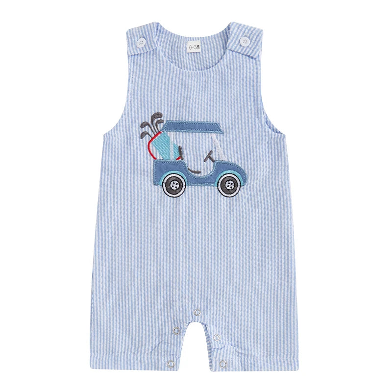 Full front view of Hitting the Links, Baby! Boys Golf Cart Romper - Blue Stripe Seersucker, perfect for summer outings and playdates.