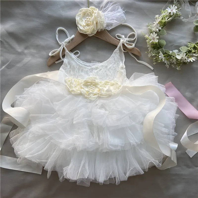 Cecilia tiered white tulle dress with cream floral belt and headband, vintage design for babies 6m-6y.