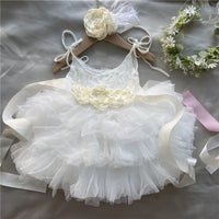 Cecilia tiered white tulle dress with cream floral belt and headband, vintage design for babies 6m-6y.