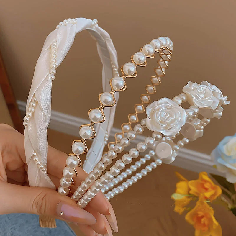 Elegant White Pearl Ribbon Rose Flower Hairbands for Girls 4 to 6 Yrs