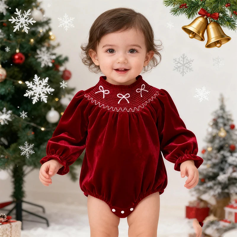 "Bow-Licious" Holiday Red Smocked Bubble - Long Sleeves