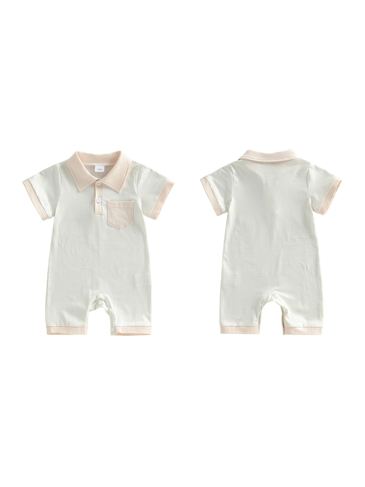 Colton Polo plaid knit romper with pocket detail in light mint, peach collar and cuffs; snaps at legs.