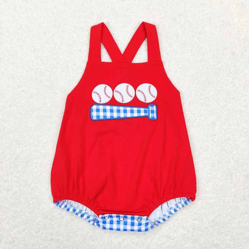 Close-up of Homerun! Fun In Sun Summer Baby Rompers featuring red color and baseball design, ideal for summer adventures.