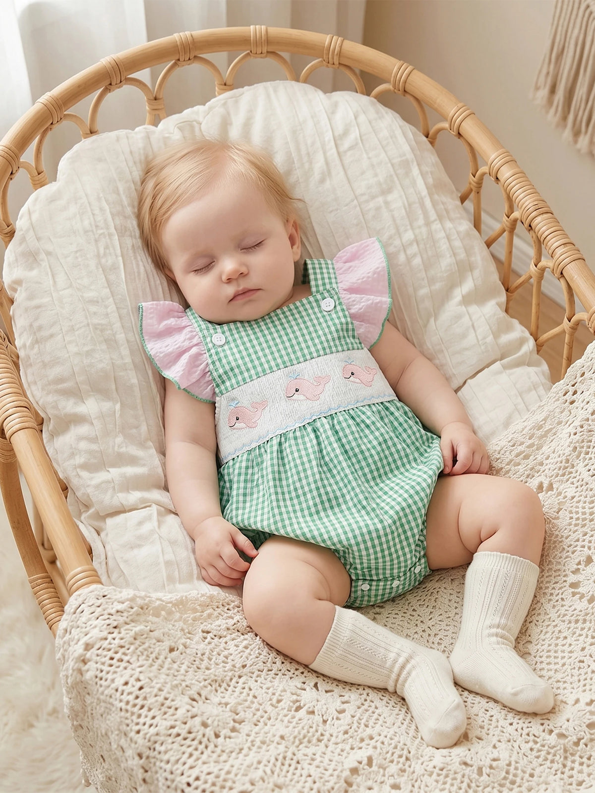 Baby in green gingham romper with pink flutter sleeves and sea creatures embroidery, sleeping in a wicker chair.