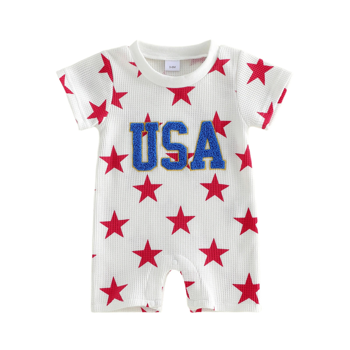 Baby romper with red stars and 'USA' text on a white background