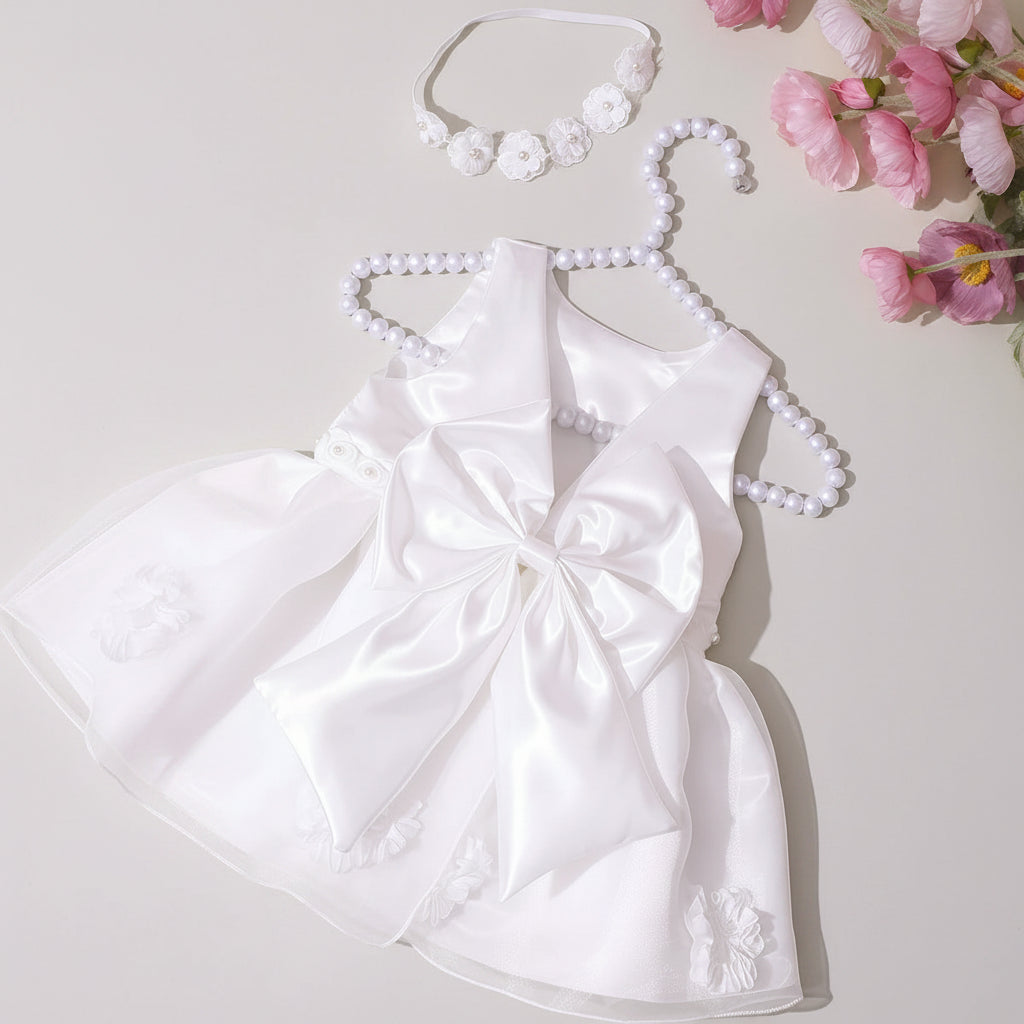Lara Elegant Infant Special Occasion Dress with big bow and matching beaded headband in white (4 colors)