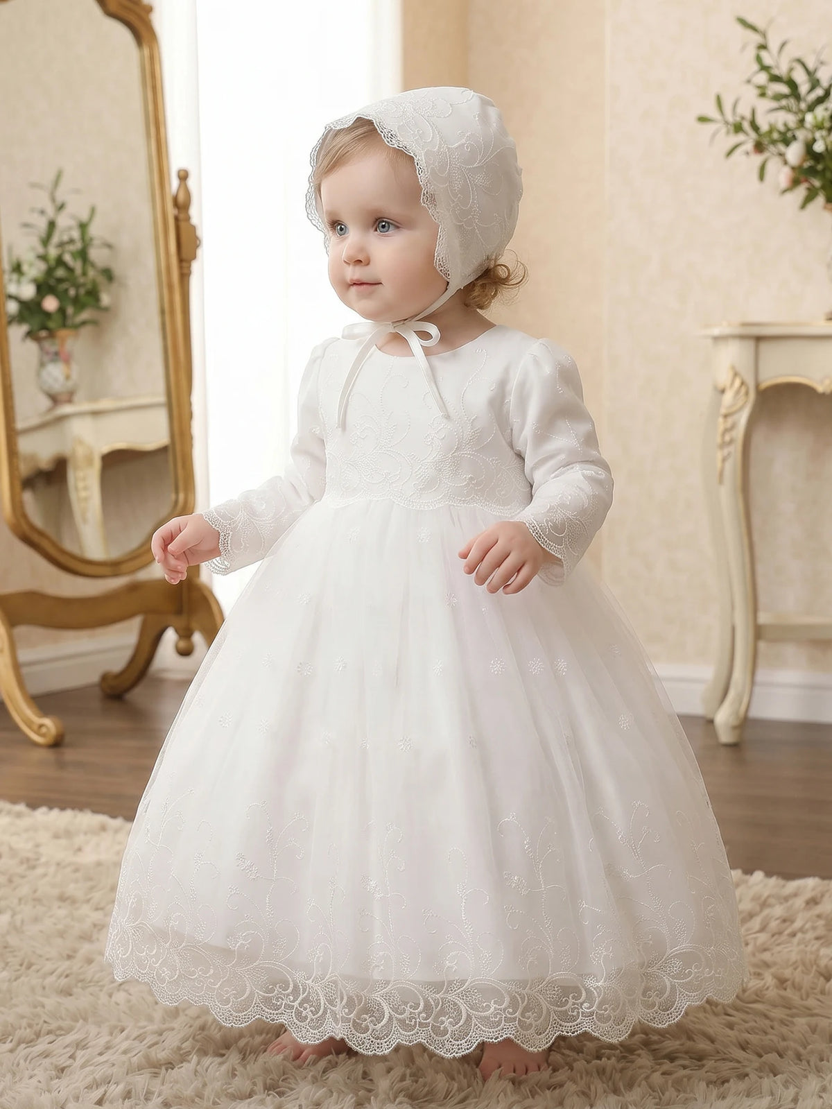 Aurelia Baby Girls White Long-Sleeve Tulle Special Gown