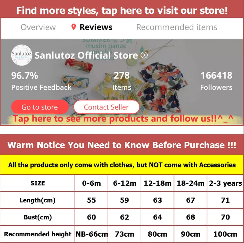 Sanlutoz Official Store overview with product review details, showcasing high ratings and the availability of various baby romper sizes.