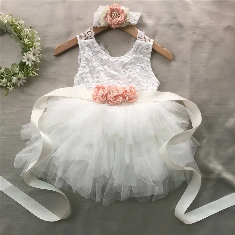 Roxane vintage-inspired girls beaded dress set in white lace and tulle with pink flower belt and headband, 3-piece