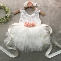 Roxane vintage-inspired girls beaded dress set in white lace and tulle with pink flower belt and headband, 3-piece