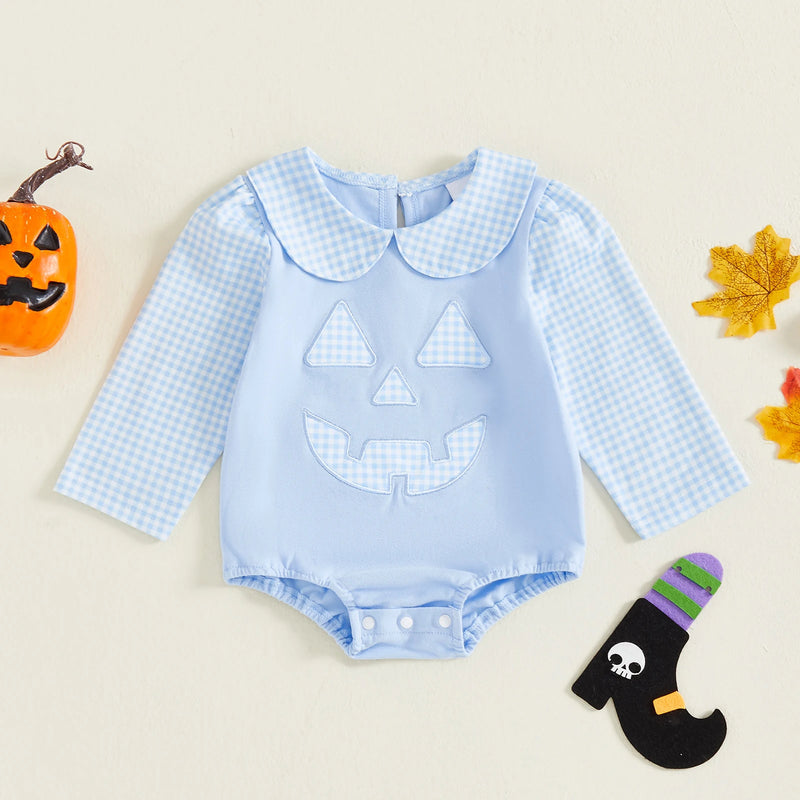 Stylish display of the "Peter Pumpkin" Adorable Baby Blue Romper with Snaps, featuring a playful pumpkin design on a light background.