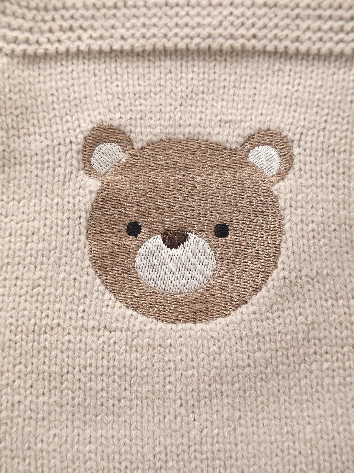 Beary Cute embroidered bear patch on khaki knitted fabric