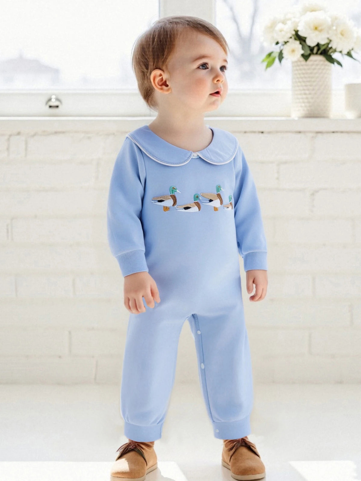 Little Ducks Preppy Boca Blue Romper for Babies - Long Sleeved with Peter Pan Collar