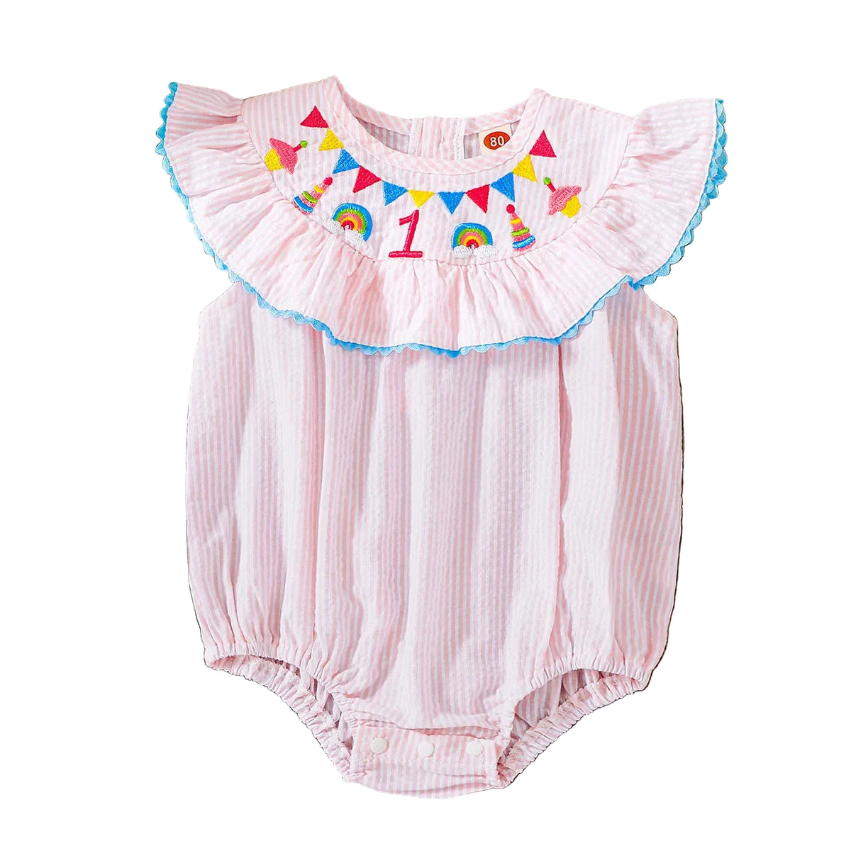 Smocked birthday girl seersucker bubble romper in pink with blue-trim ruffle and birthday motifs; leg snaps.