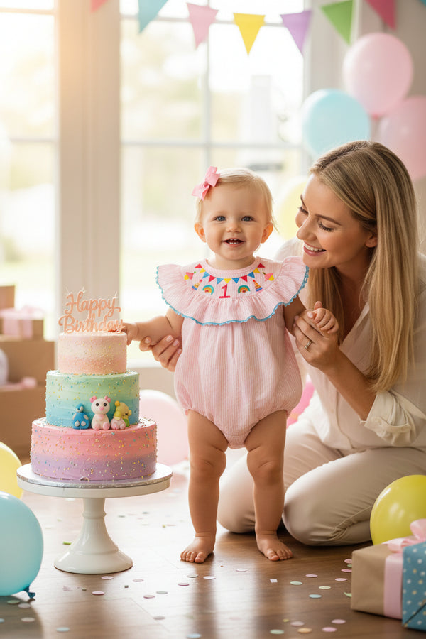 Baby romper with ruffled collar and colorful design on a white background
