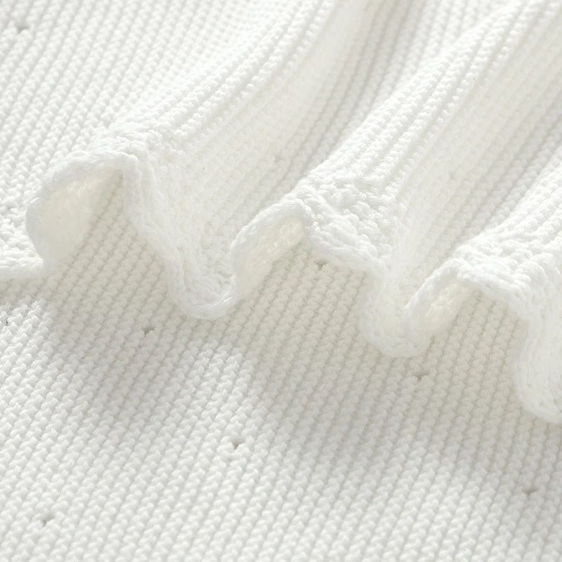 White cotton knit baby baptism blanket with crocheted cross accents; lightweight 100 x 80 cm.