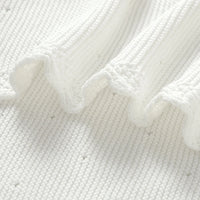 White cotton knit baby baptism blanket with crocheted cross accents; lightweight 100 x 80 cm.