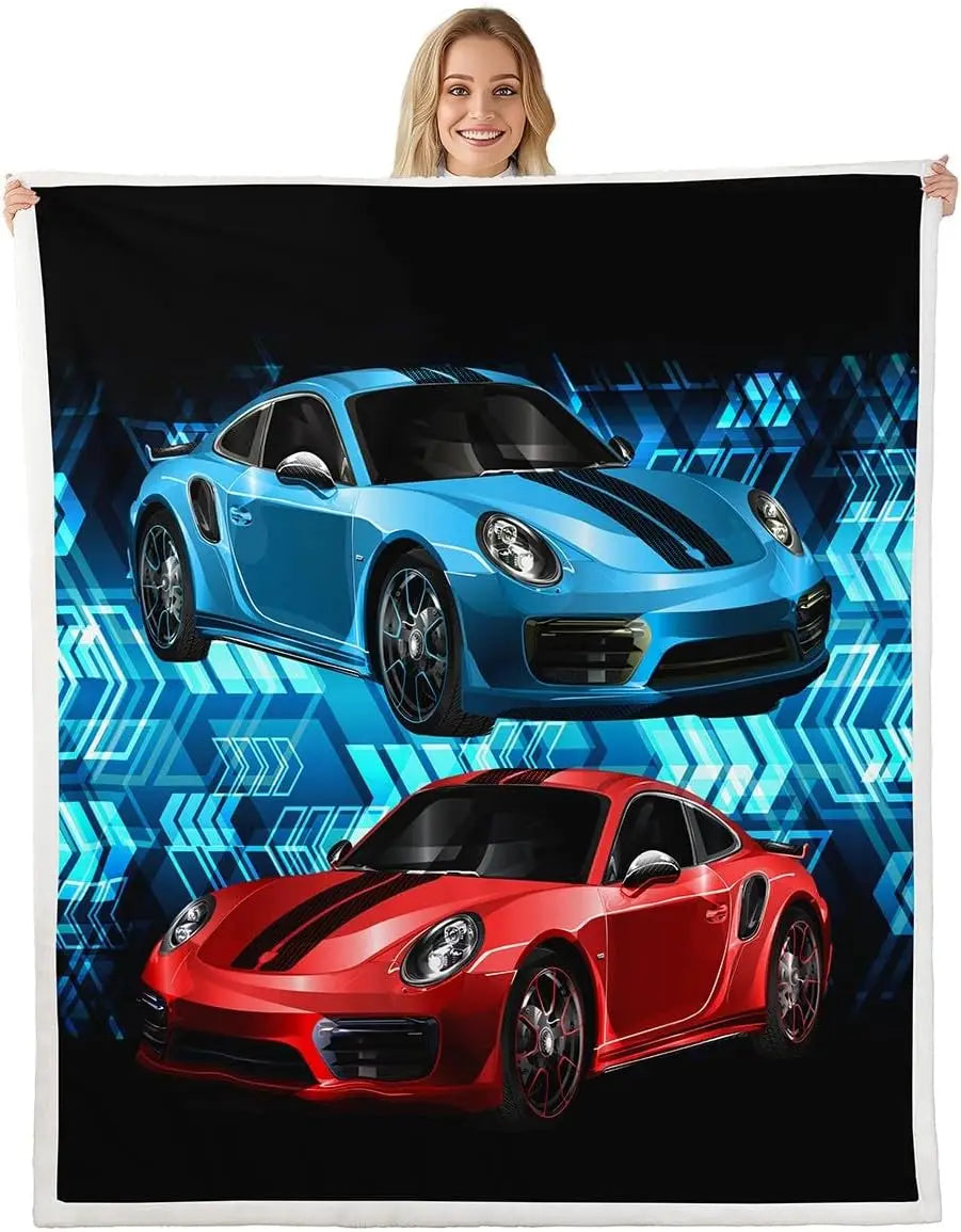 Jungle Rumble double-sided childrens blanket featuring blue and red sports cars on a neon geometric backdrop.