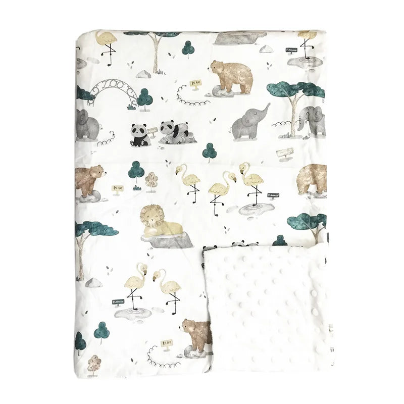 Soft baby minky blanket featuring watercolor wild animals like pandas, elephants, and flamingos on white with dotted texture.