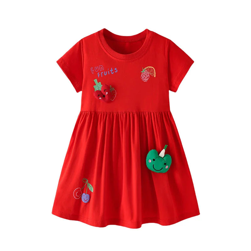 "Fruity Fun" Appliqued Fruits Girls Dress - Playful Red