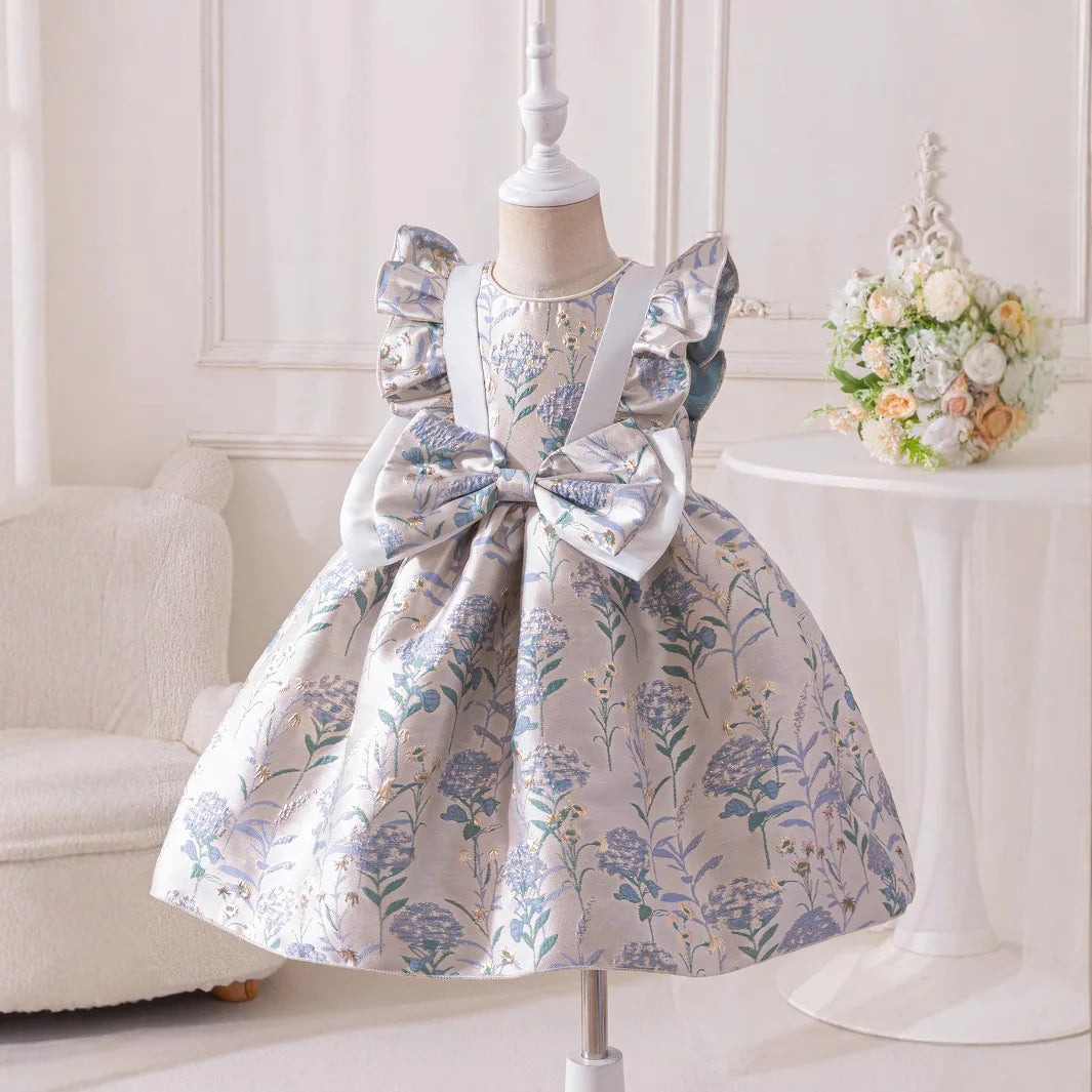 Jacquard Pamela Princess Puff Flowers Dress, oversized waist bow, puff sleeves, knee-length for 3–8 years, two designs