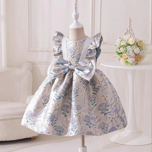 Jacquard Pamela Princess Puff Flowers Dress, oversized waist bow, puff sleeves, knee-length for 3–8 years, two designs
