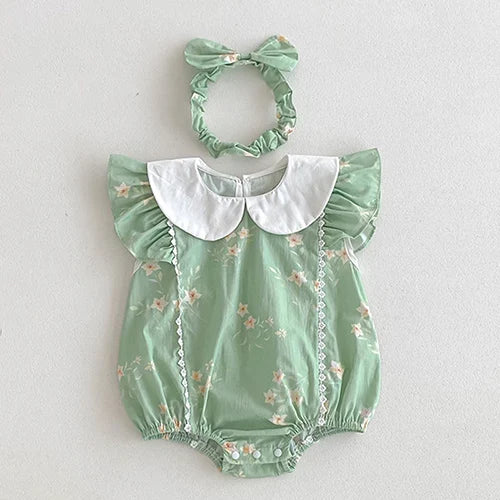 Vintage Outfits - Adorable green romper with classic collar and headband, designed for comfort and style in babies.