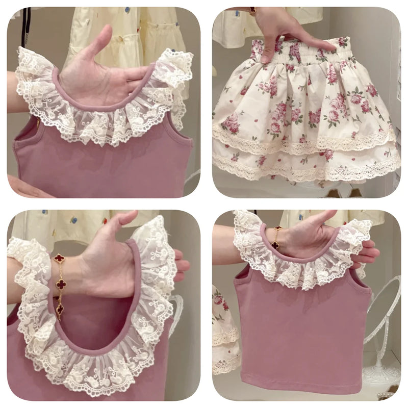 Cute details of the Purple Fleurs 2 PC Skirt Set, including the lace accents on the floral skirt, perfect for little fashionistas.