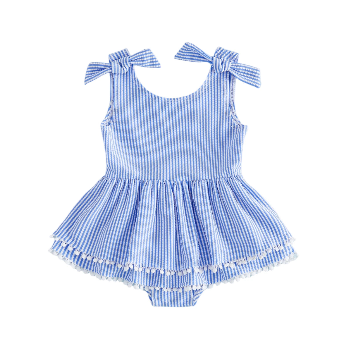 Suzie Seersucker Stripe Frilly Romper with bow shoulder straps and tassel accents in blue for babies to toddlers.
