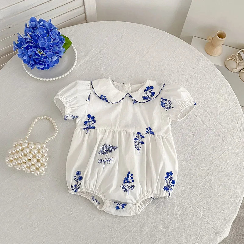 Blue Fleurs Peter Pan Collared Sibling Toddler Bubble Romper 1-24 mos. - The Palm Beach Baby Estimated 12 - 20 Day Shipping