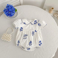 Blue Fleurs Peter Pan Collared Sibling Toddler Bubble Romper 1-24 mos. - The Palm Beach Baby Estimated 12 - 20 Day Shipping