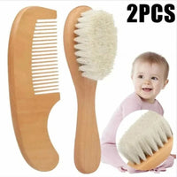 Two-piece wooden baby comb and soft-bristle brush set for ages 0-36 months.