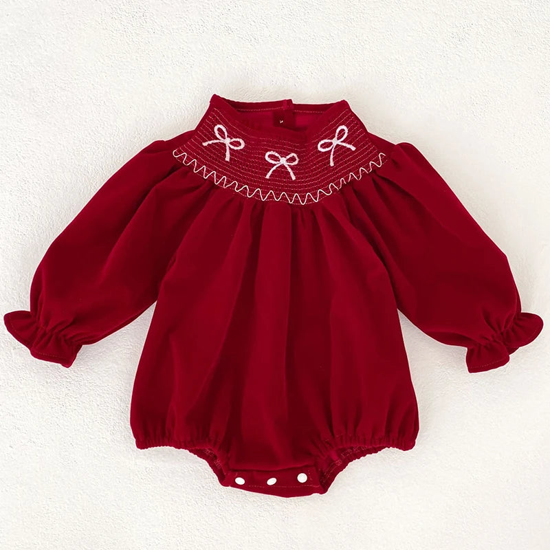 "Bow-Licious" Holiday Red Smocked Bubble - Long Sleeves