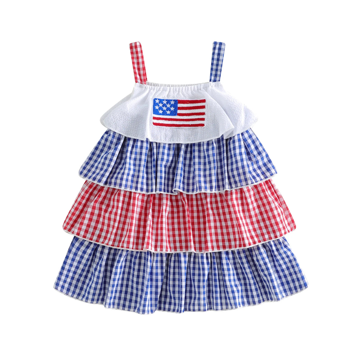 Pauline Patriotic Red, White, and Blue Tiered Toddler Party Dress - Adorable Frills - The Palm Beach Baby Esrimated 13-19 Day Shipping