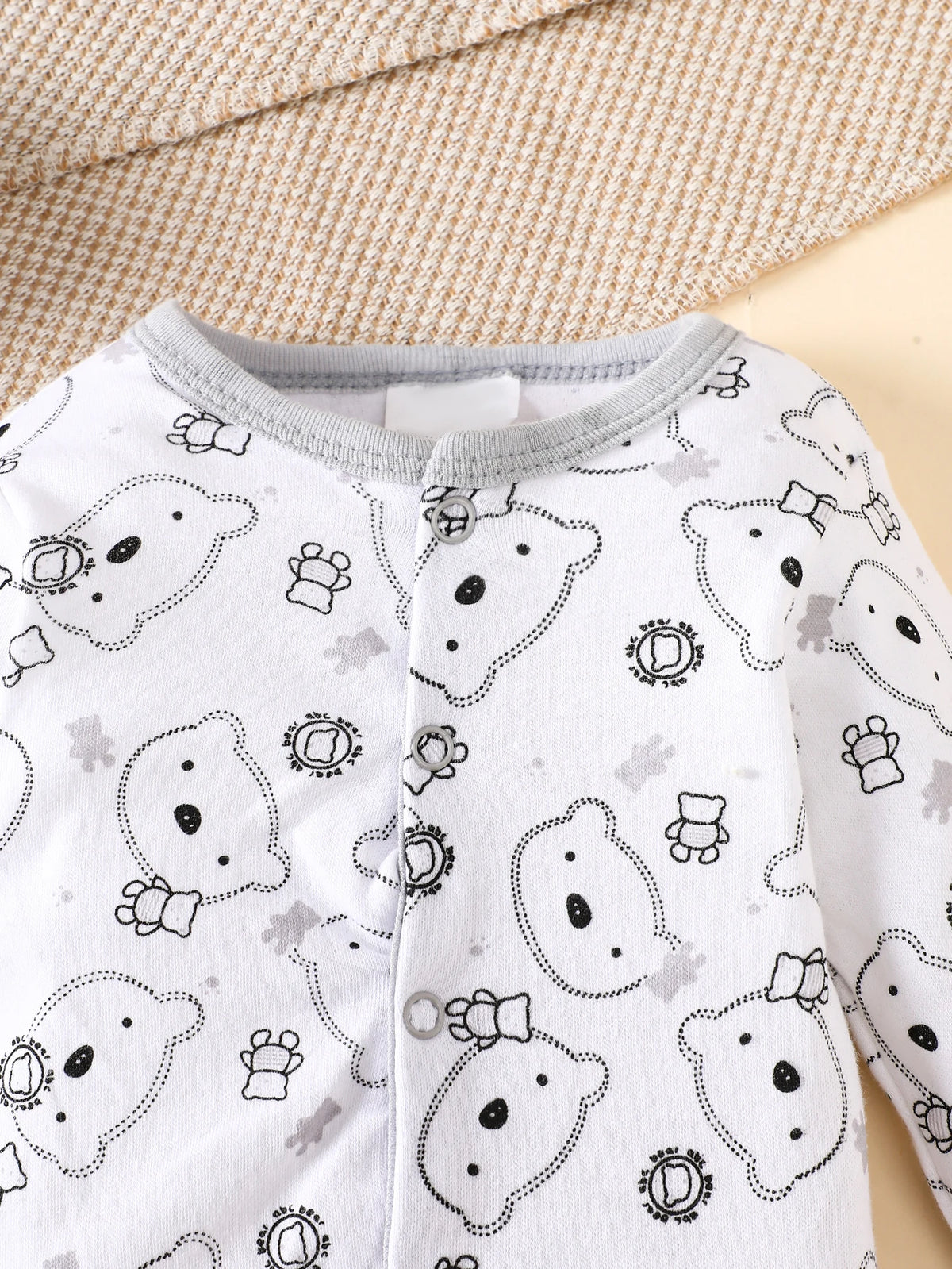 8-Piece baby romper set, 100% cotton, grey bear print for 0-9M infants.