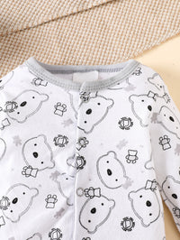 8-Piece baby romper set, 100% cotton, grey bear print for 0-9M infants.