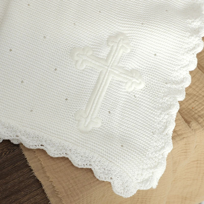White cotton baptism blanket with crocheted cross, scalloped edge, lightweight 100 x 80 cm, soft knit.