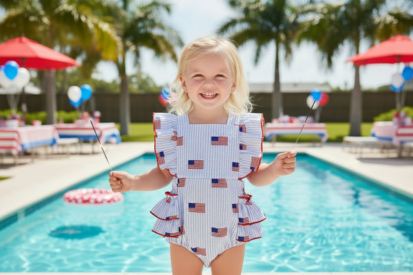 Independence Day Seersucker Splash Flag Print Baby Outfit - The Palm Beach Baby Estimated 12 - 19 Day Shipping