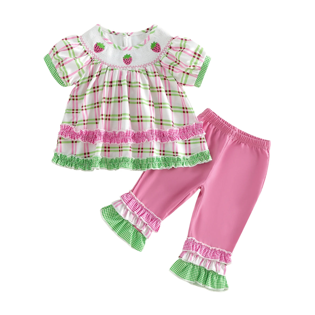Frilly boho plaid 2-piece girls set with embroidered strawberry accents on puff-sleeve top and pink ruffle-hem pants