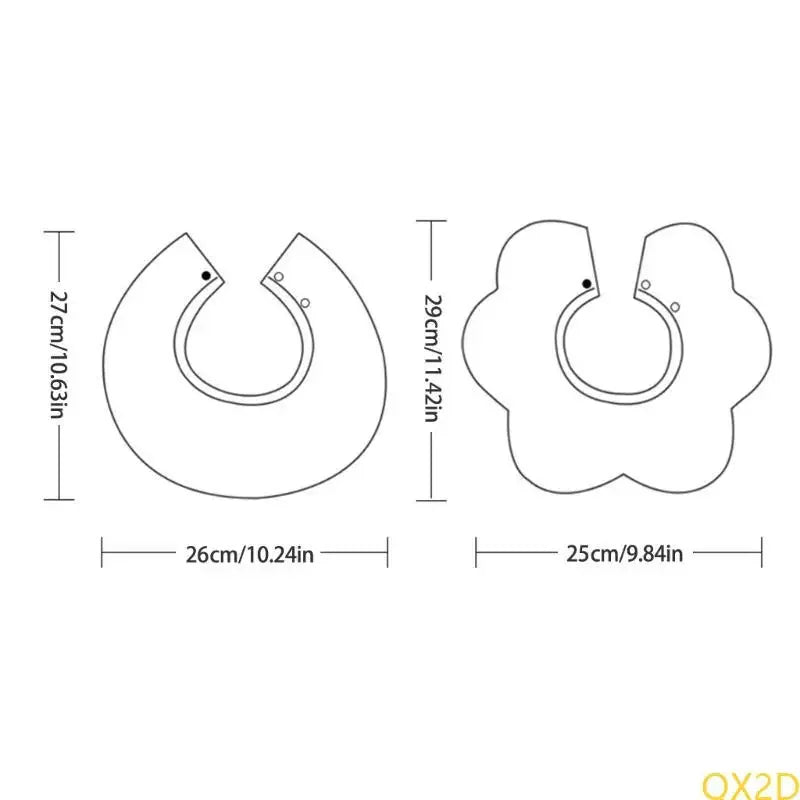 Size diagram for round and flower-shaped waterproof baby bibs featuring snap closures and embroidery cotton detail.