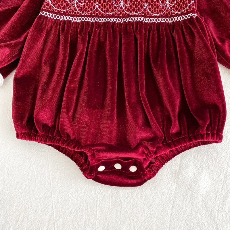 Deck the Halls Smocked Velvet and Frills Sibling Outfits - Deep Red; image highlighting the bottom area of a red velvet romper with smocking and gathers.